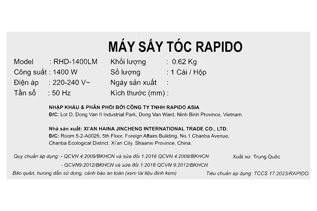 Máy sấy tóc tốc độ cao Rapido RHD-1400LM Màu Đỏ