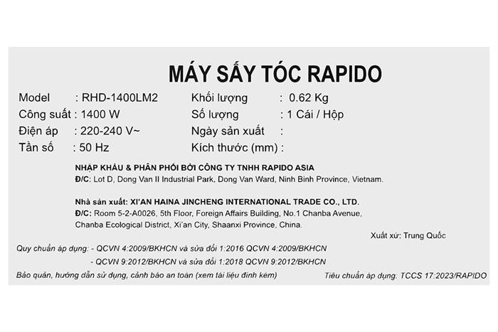 Máy sấy tóc tốc độ cao Rapido RHD-1400LM2 Màu Đen hồng