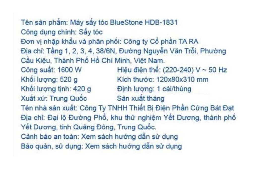 Máy sấy tóc Bluestone HDB-1831 Màu Trắng