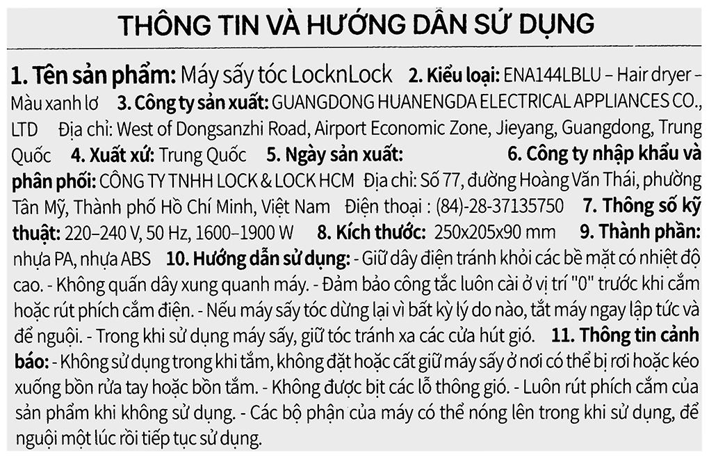 Máy sấy tóc Lock&Lock ENA144LBLU Màu Xanh Dương