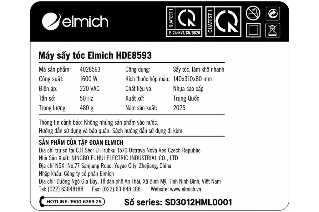 Máy sấy tóc Elmich HDE-8593 Màu Trắng