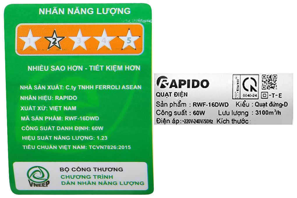 Quạt đứng Rapido RWF-16DWD 60W Màu Trắng
