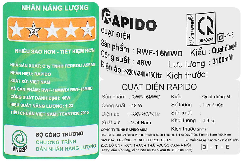 Quạt đứng Rapido RWF-16MWD 48W Màu Trắng