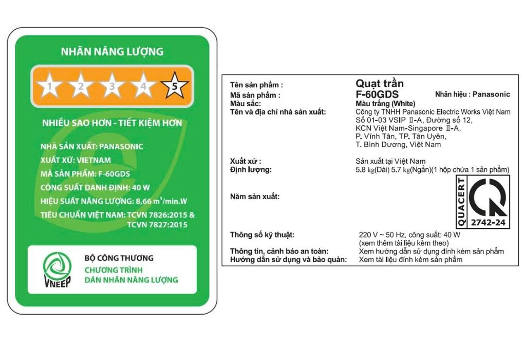 Quạt trần Panasonic 5 cánh F-60GDS-W 40W Màu Trắng