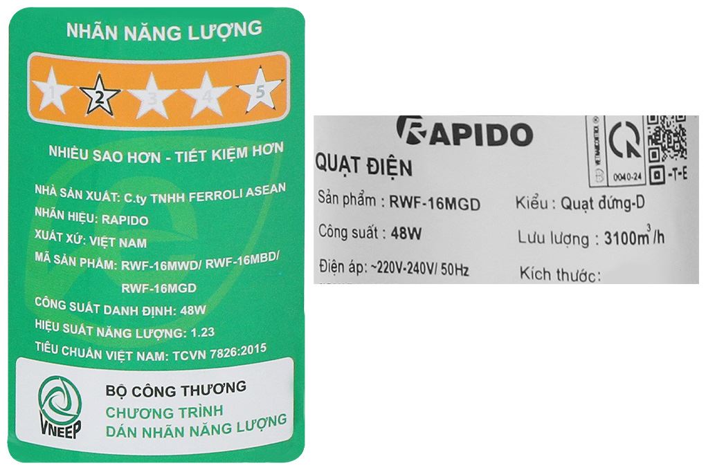 Quạt đứng Rapido RWF-16MGD 48W Màu Xám xanh