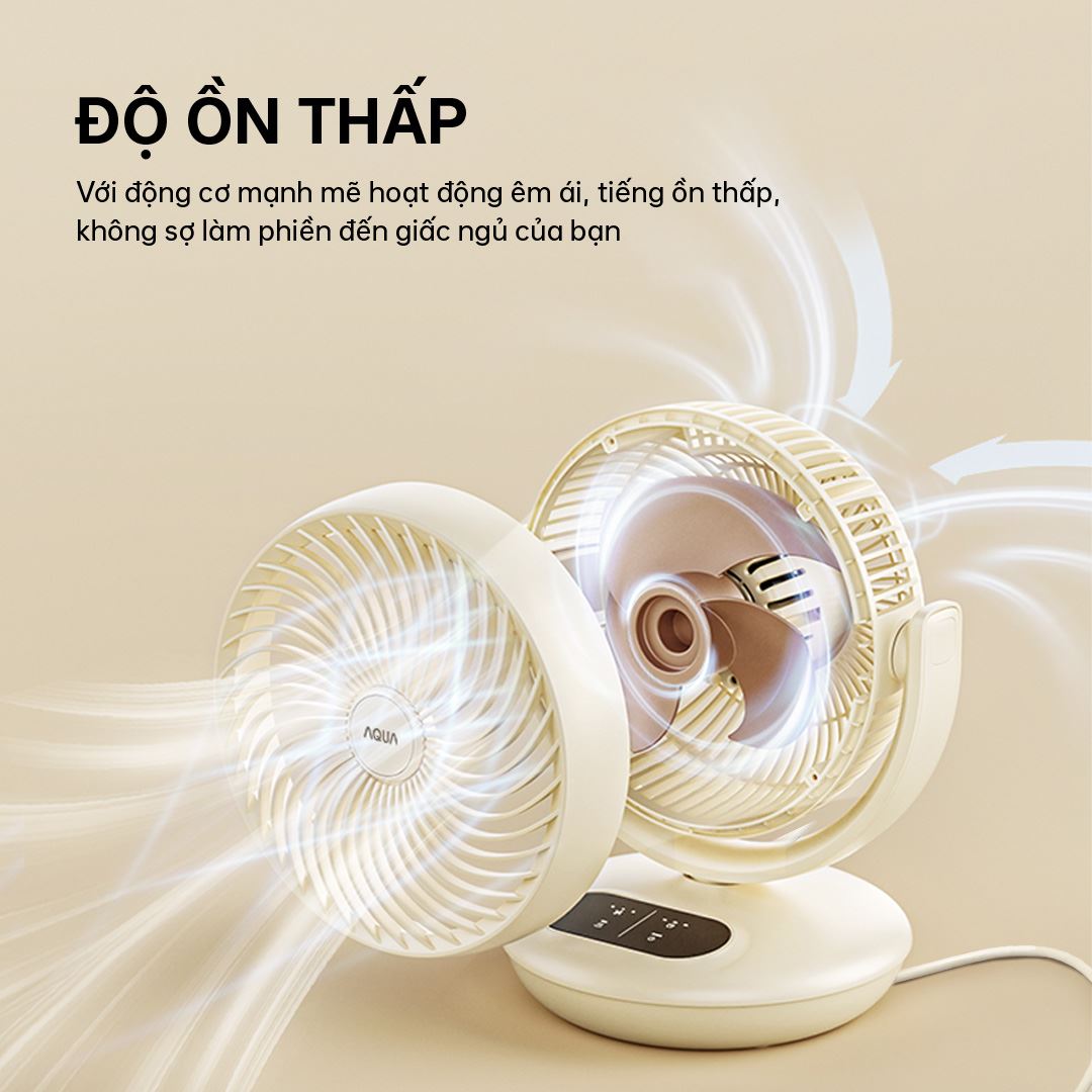Quạt bàn AQUA AQS-FED2001R(W)-VN trang bị 3 cánh quạt, công suất 35W, vận hành êm ái với độ ồn thấp