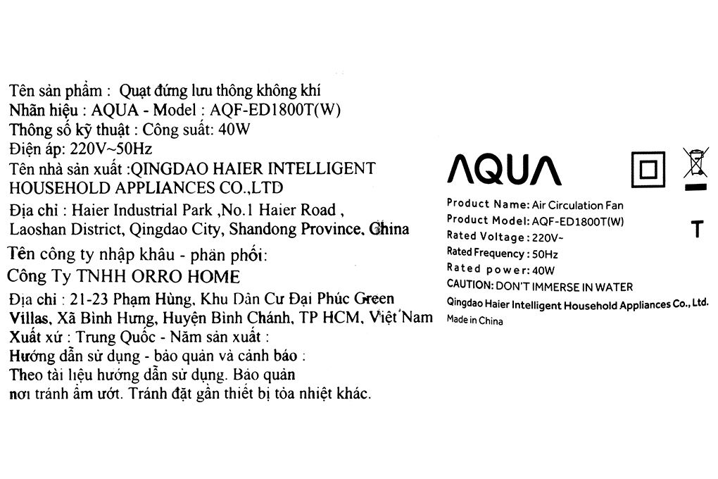 Quạt đứng AQUA 3 cánh AQF-ED1800T(W) 40W Màu Trắng