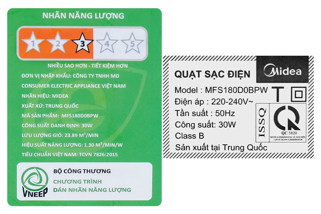 Quạt sạc điện Midea 5 cánh MFS180D0BPW 30W Màu Trắng