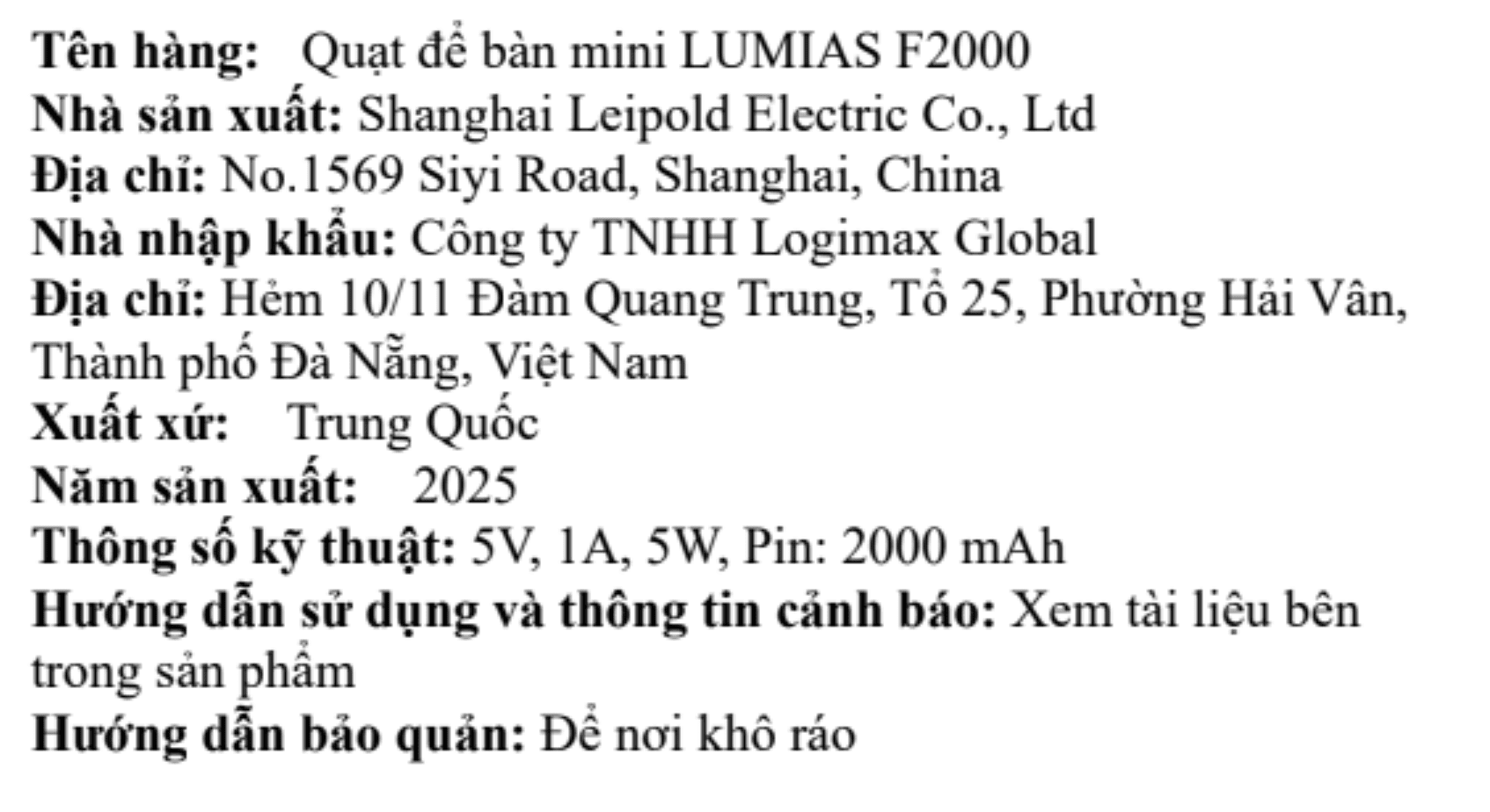 Quạt bàn LUMIAS 4 cánh F2000 5W Màu Trắng