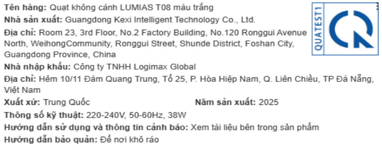 Quạt không cánh LUMIAS T08 38W Màu Trắng