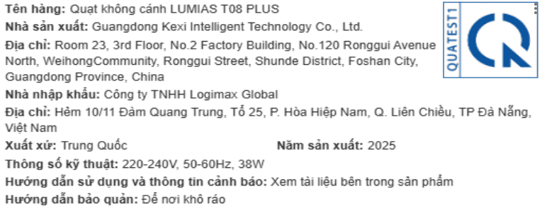 Quạt không cánh LUMIAS T08 PLUS 38W Màu Trắng
