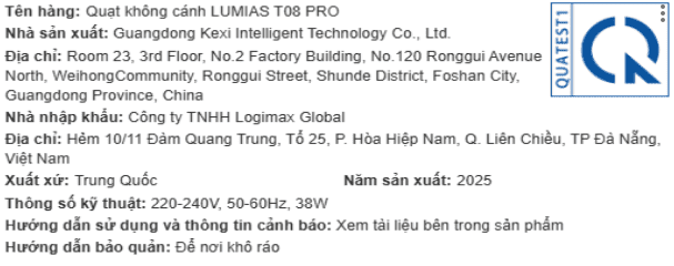Quạt không cánh LUMIAS T08 PRO 38W Màu Trắng