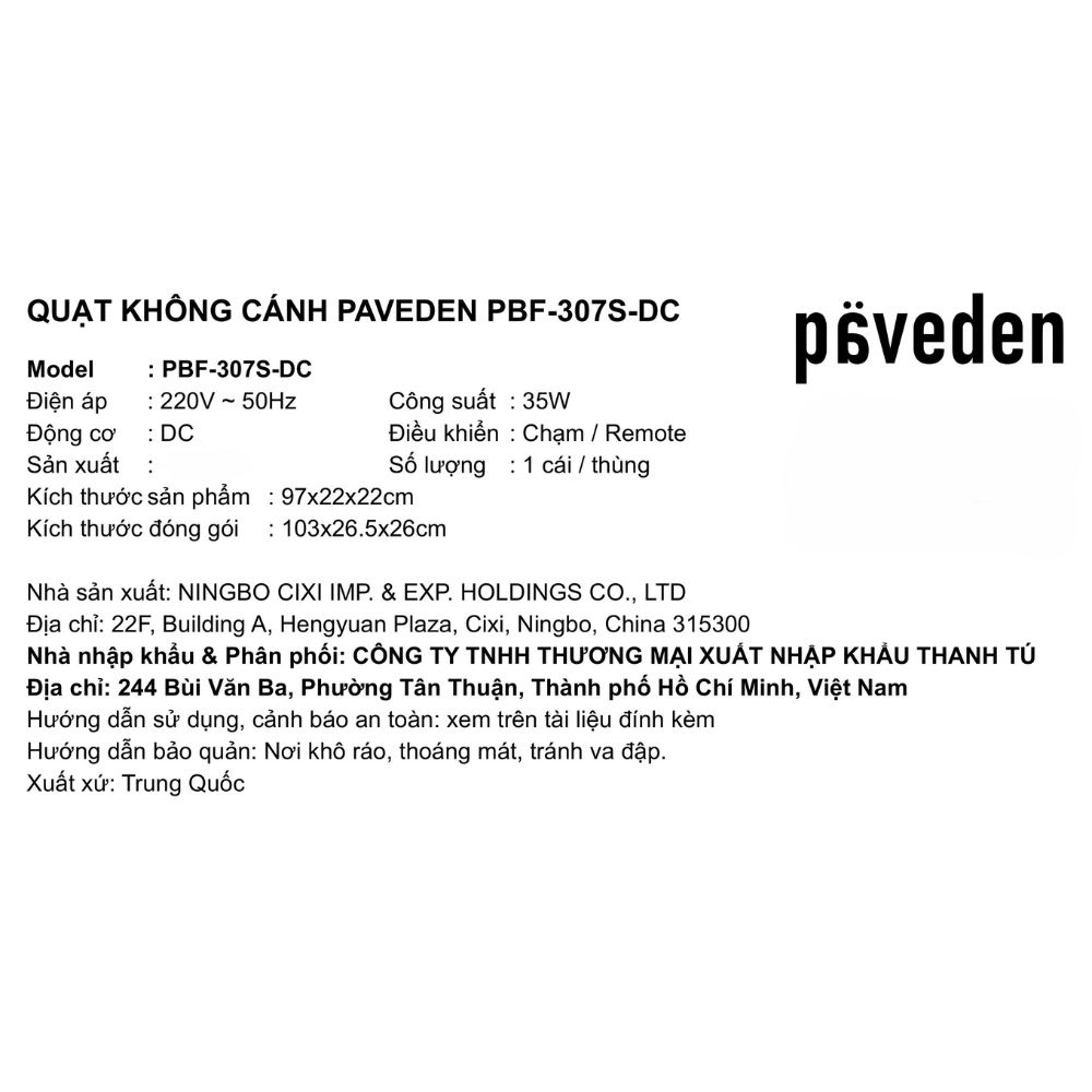 Quạt không cánh Paveden PBF-307S-DC 35W Màu Trắng