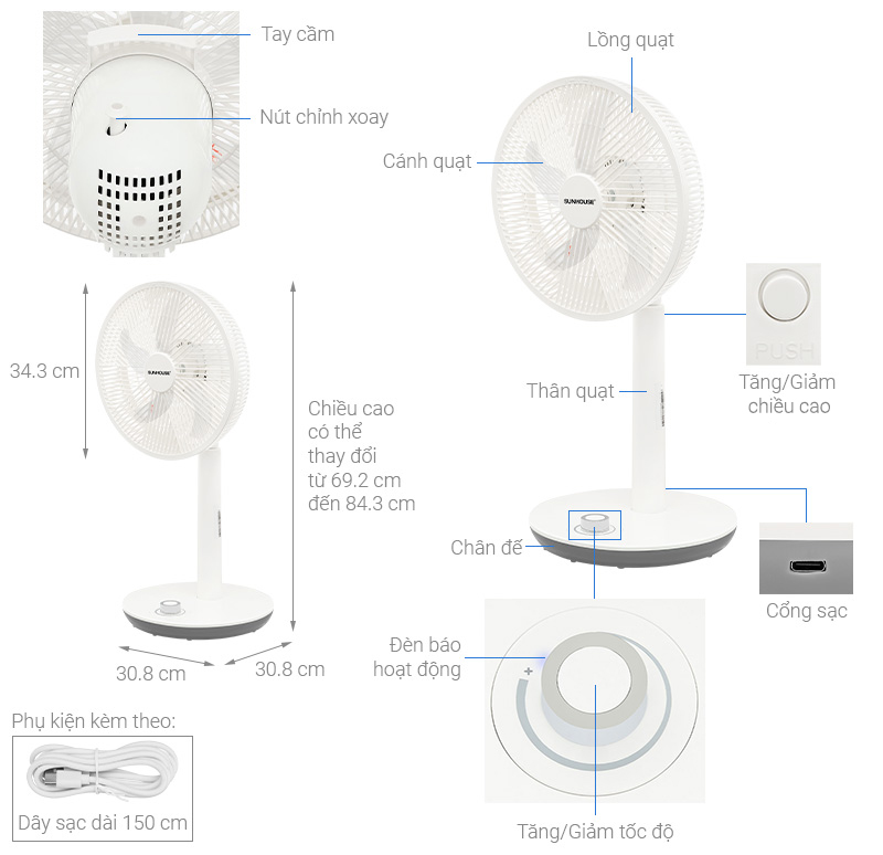 Quạt sạc điện Sunhouse 5 cánh SHD7221 15W