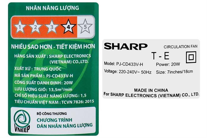 Quạt tuần hoàn Sharp 3 cánh PJ-CD433V-H 20W Màu Đen - Xám