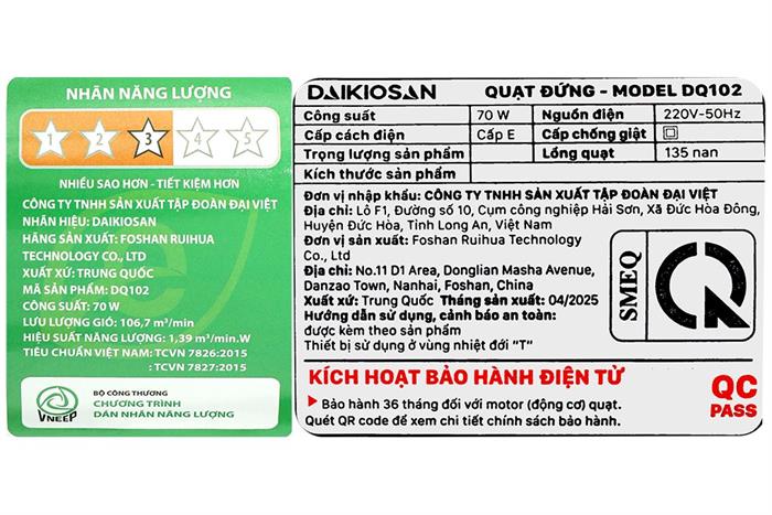Quạt đứng Daikiosan 6 cánh DQ102 70W - Xanh lá Màu Xanh lá