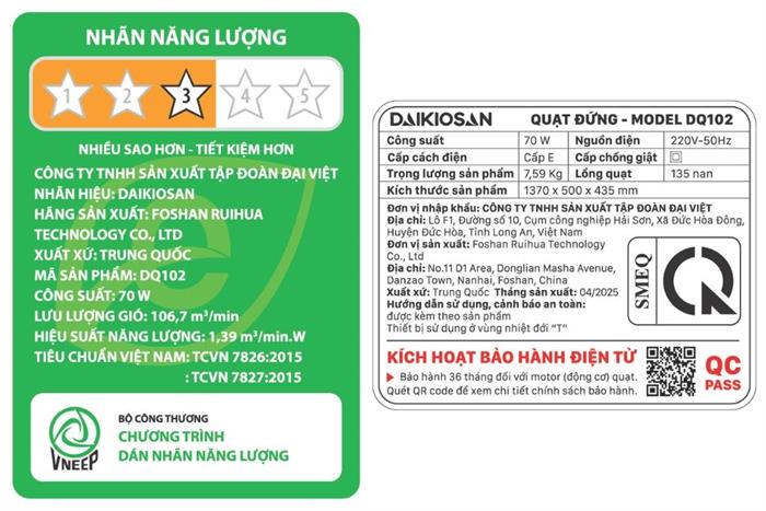 Quạt đứng Daikiosan 6 cánh DQ102 70W - Xám Màu Xám