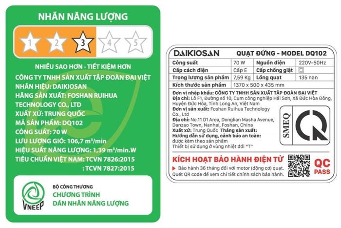 Quạt đứng Daikiosan 6 cánh DQ102 70W - Xám Màu Xám