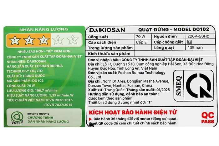 Quạt đứng Daikiosan 6 cánh DQ102 70W - Xám Màu Xám