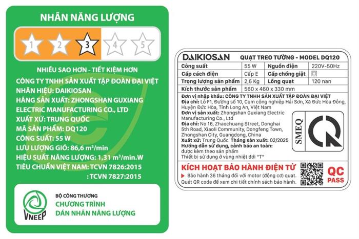 Quạt treo tường Daikiosan 6 cánh DQ120 55W Màu Xám