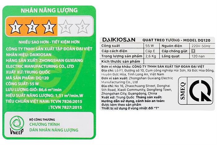 Quạt treo tường Daikiosan 6 cánh DQ120 55W Màu Xám