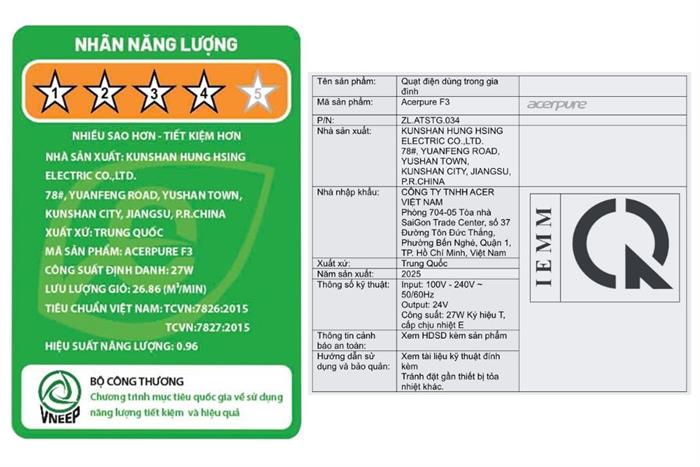 Quạt tuần hoàn Acerpure Cozy F3 5 cánh AF533-20W 27W Màu Trắng