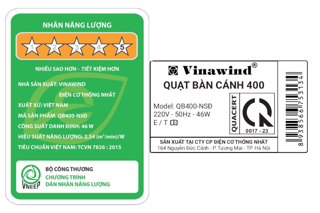 Quạt bàn Vinawind 3 cánh QB400-NSĐ 46W Màu Ghi