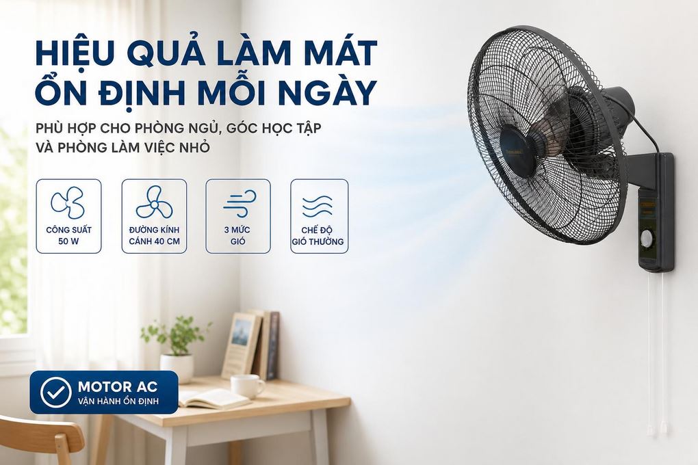 Quạt treo tường Vinawind 3 cánh QTT400-EĐ 50W Màu Ghi
