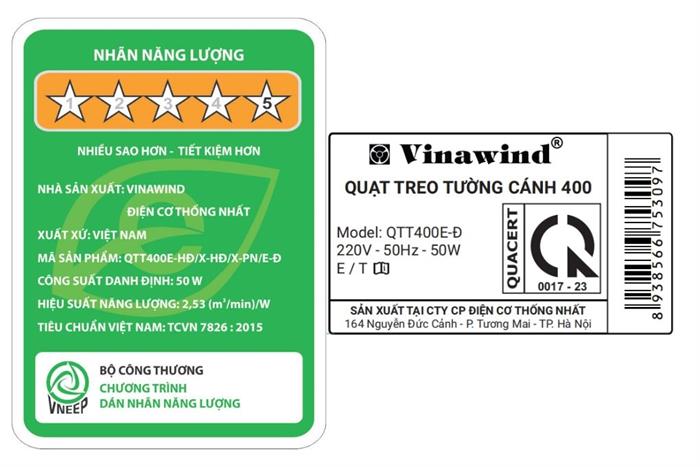 Quạt treo tường Vinawind 3 cánh QTT400-EĐ 50W Màu Ghi