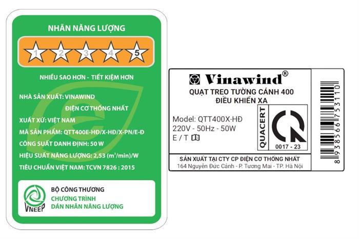 Quạt treo tường Vinawind 3 cánh QTT400-XHĐ 50W Màu Ghi