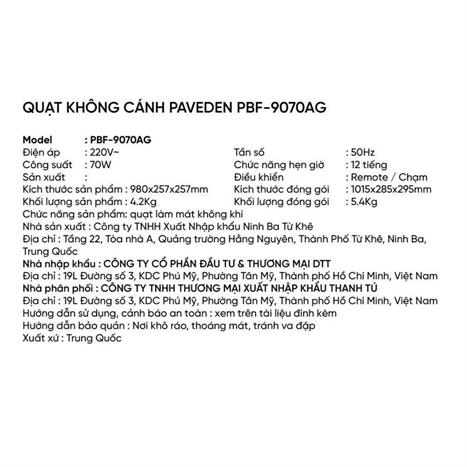Quạt không cánh Paveden PBF-9070AG 70W Màu Xám