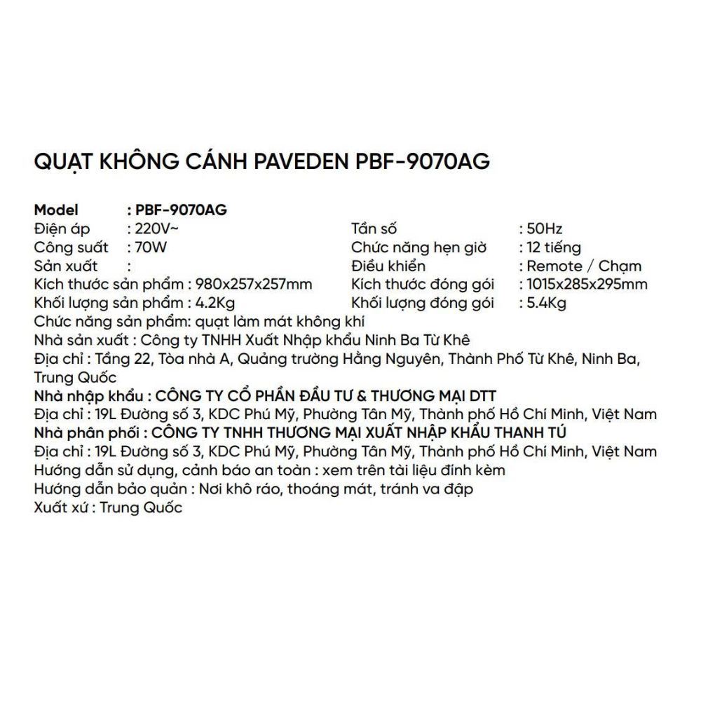 Quạt không cánh Paveden PBF-9070AG 70W Màu Xám