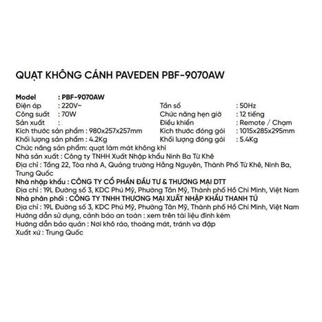 Quạt không cánh Paveden PBF-9070AW 70W Màu Trắng