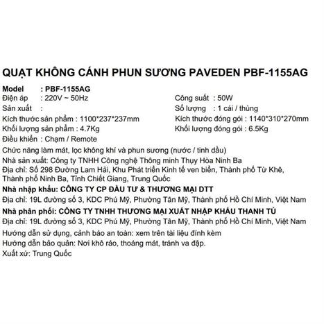 Quạt không cánh Paveden PBF-1155AG 50W Màu Xám