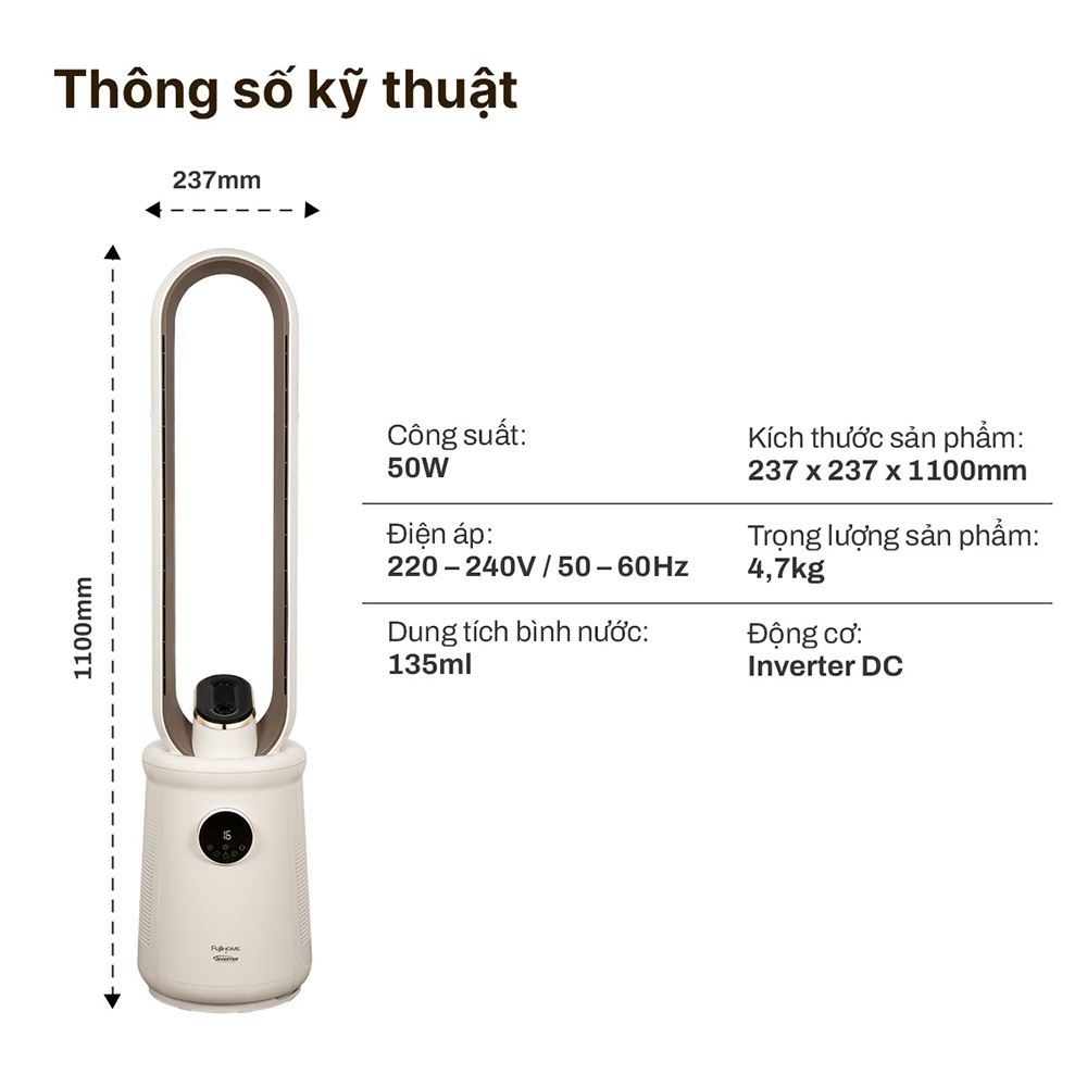 Quạt không cánh FUJIHOME BF15-HEPA-VOICE 50W Màu Trắng