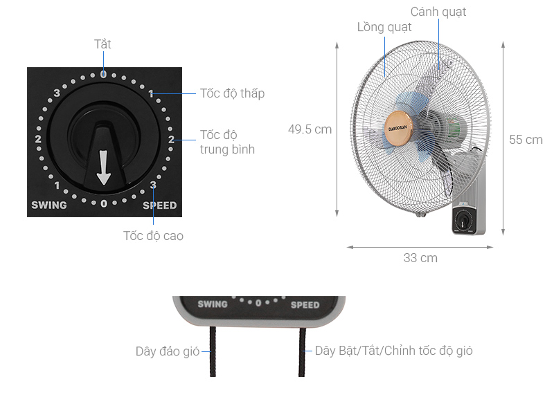 Quạt treo tường Daikiosan 6 cánh DQ122 60W