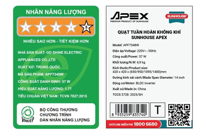 Quạt tuần hoàn Sunhouse Apex 7 cánh APF7348W 57W Màu Trắng