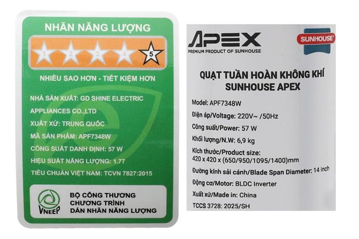 Quạt tuần hoàn Sunhouse Apex 7 cánh APF7348W 57W Màu Trắng
