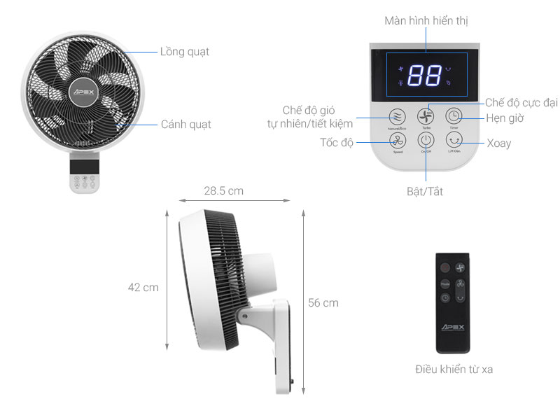 Quạt treo tường Sunhouse Apex 7 cánh APF7336W 57W