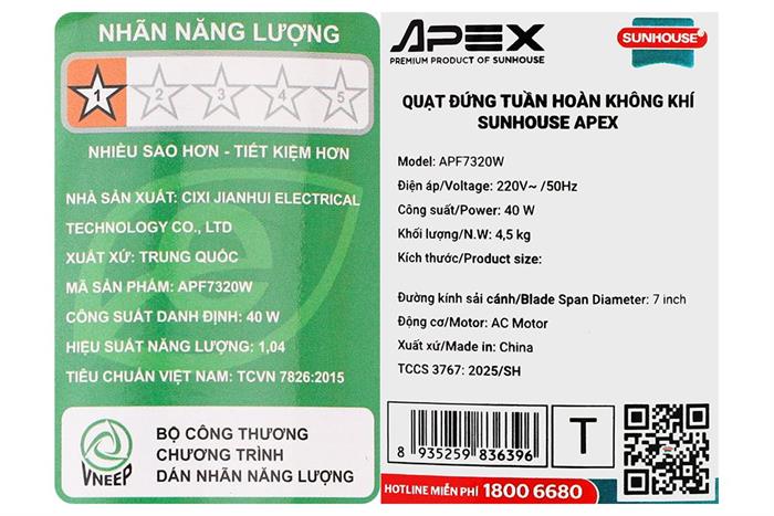 Quạt tuần hoàn Sunhouse Apex 3 cánh APF7320W 40W Màu Trắng