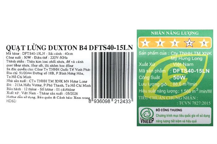 Quạt lửng Duxton 5 cánh B4 DFTS40-15LN 50W Màu Trắng - Xám