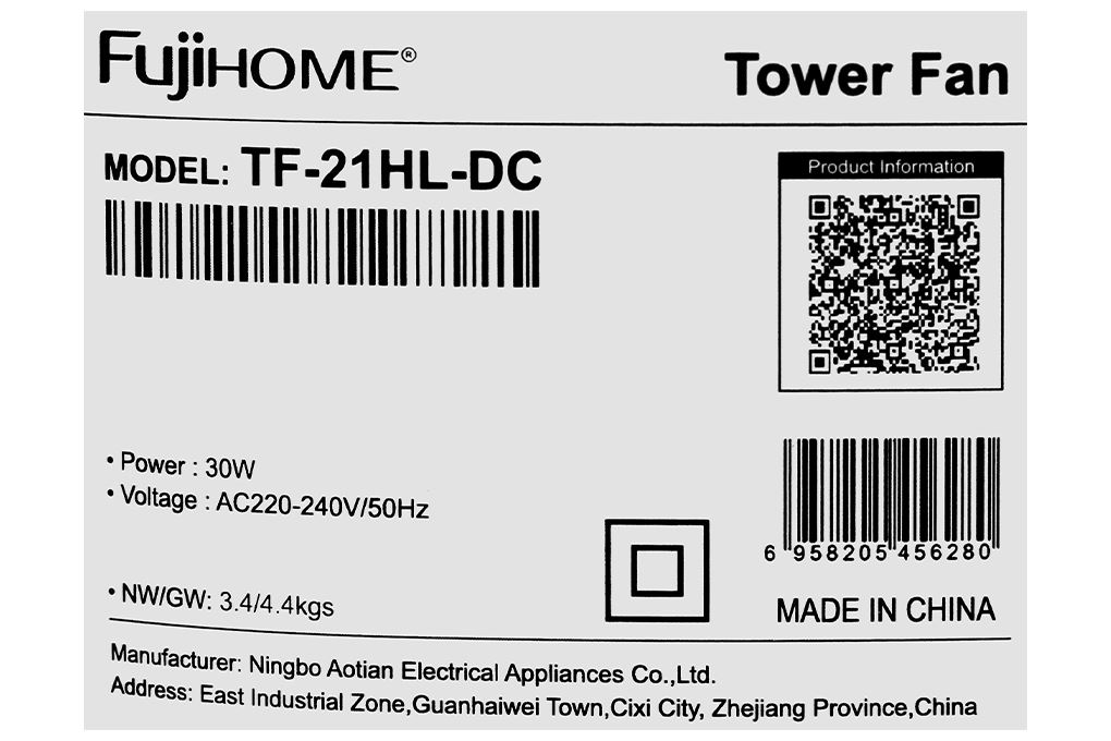 Quạt tháp FUJIHOME TF-21HL-DC 30W Màu Đen