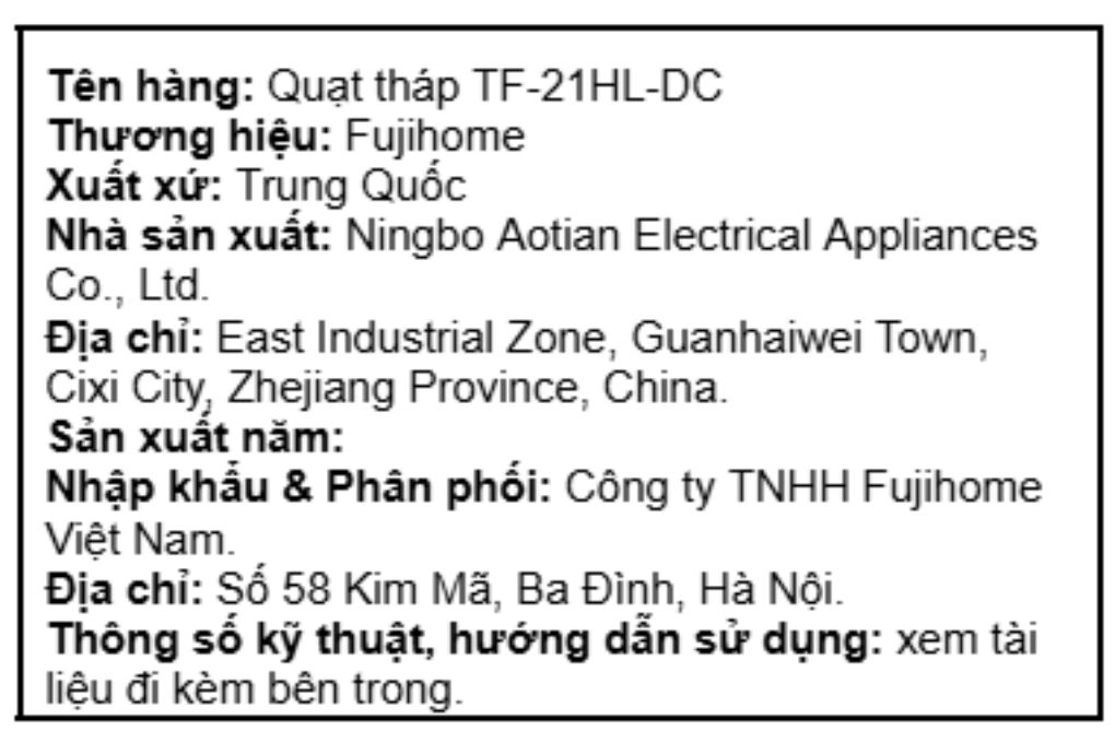 Quạt tháp FUJIHOME TF-21HL-DC 30W Màu Đen