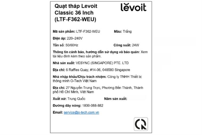 Quạt tháp Levoit 36 inch LTF-F362-WEU 24W Màu Trắng