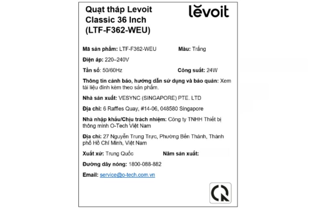 Quạt tháp Levoit 36 inch LTF-F362-WEU 24W Màu Trắng