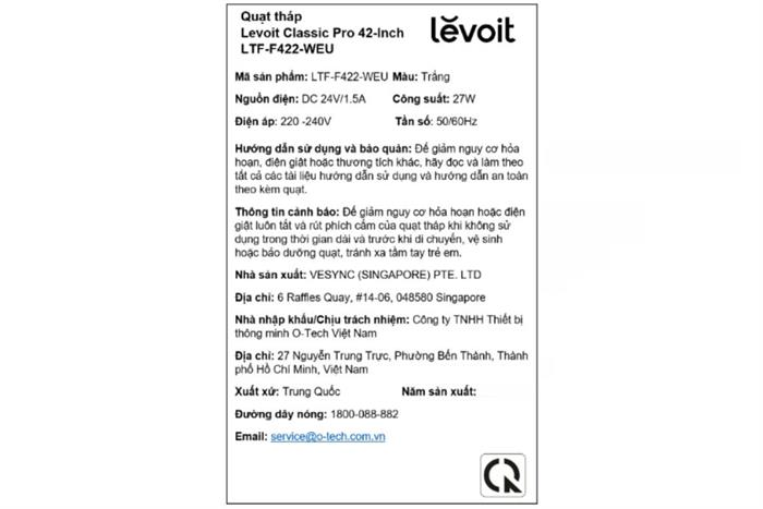 Quạt tháp Levoit 42 inch LTF-F422-WEU 27W Màu Trắng