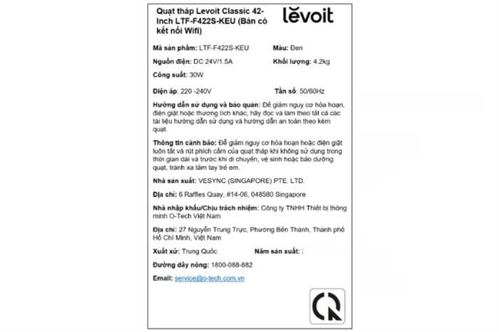 Quạt tháp Levoit 42 inch LTF-F422S-KEU 30W Màu Đen