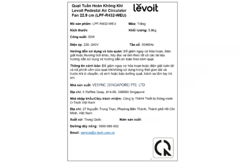 Quạt tuần hoàn Levoit CirculAir 5 cánh LPF-R432-WEU 30W Màu Trắng