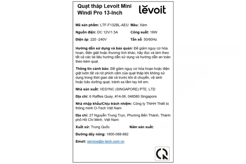 Quạt tháp Levoit Mini Windi Pro LTF-F132BL-AEU 18W Màu Đen