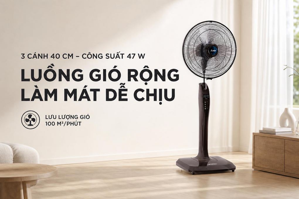 Quạt cây Mitsubishi 3 cánh LV16-RB CY-BW 47W - Luồng gió rộng, làm mát dễ chịu với 3 cánh 40 cm và công suất 47 W